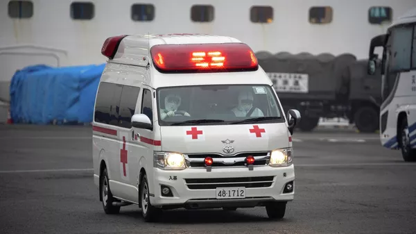 Автомобиль скорой помощи у круизного лайнера Diamond Princess в порту Йокогама