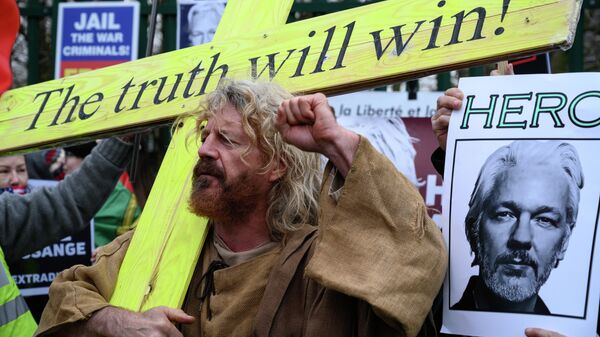 Участник акции в поддержку основателя Wikileaks Джулиана Ассанжа у здания Королевского суда Вулича в Лондоне Участник акции в поддержку основателя Wikileaks Джулиана Ассанжа у здания Королевского суда Вулича в Лондоне