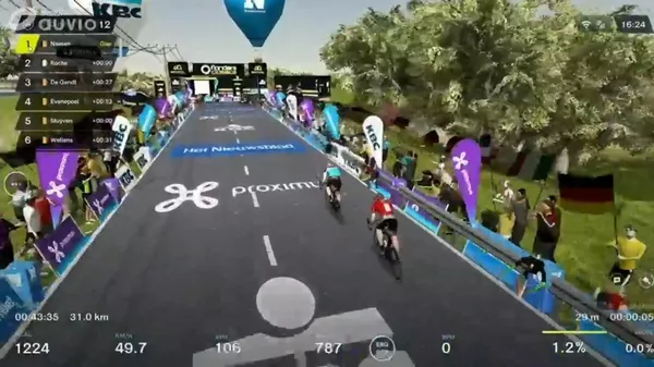 This image grab taken on April 5, 2020 from Belgian channel RTBF, shows the Virtual Tour of Flanders (Ronde van Vlaanderen) cycling race. - The 104th edition of the cycling race which was scheduled for April 5 was cancelled due to measures taken by the government to prevent the spread of the COVID-19 (novel coronavirus). 13 riders will race the final 32km of the Tour on bicycle rollers from home. (Photo by - / BELGA / AFP) / Belgium OUT