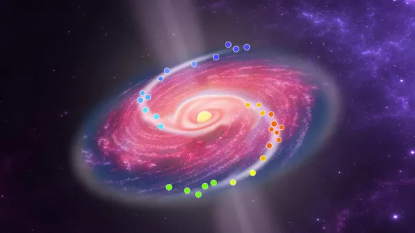 Так художник изобразил спиральные потоки вещества вокруг массивной протозвезды G358-MM1. Отмечены вспышки мазеров