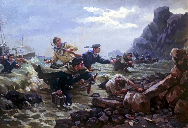Репродукция картины Десант на Курильских островах художника Андрея Плотнова