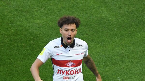 Автор гола игрок ФК Спартак Джордан Ларссон радуется Автор гола игрок ФК Спартак Джордан Ларссон радуется