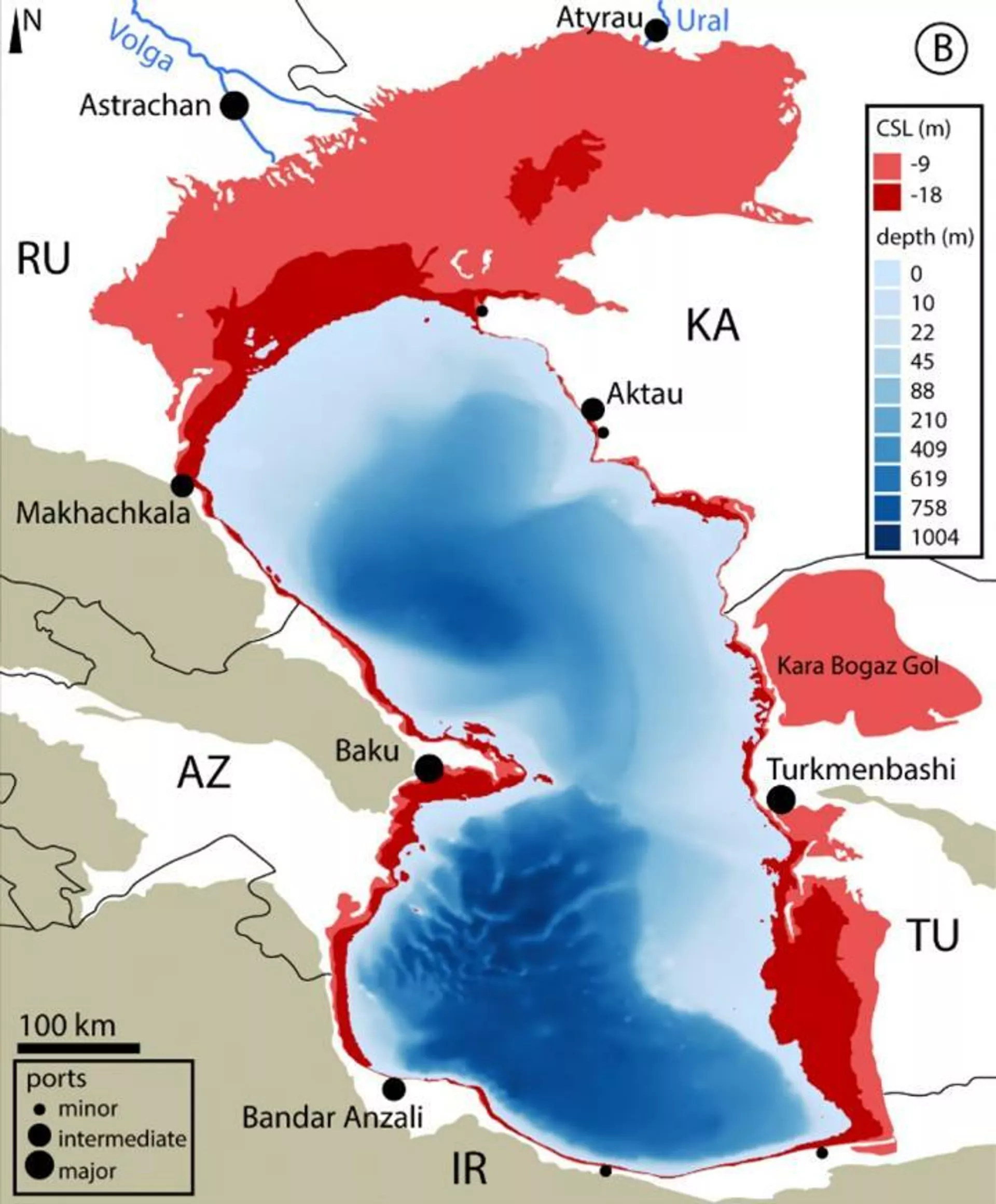 Карта, показывающая контуры Каспийского моря при снижении уровня воды на 9 и 18 метров
 - РИА Новости, 1920, 23.12.2020