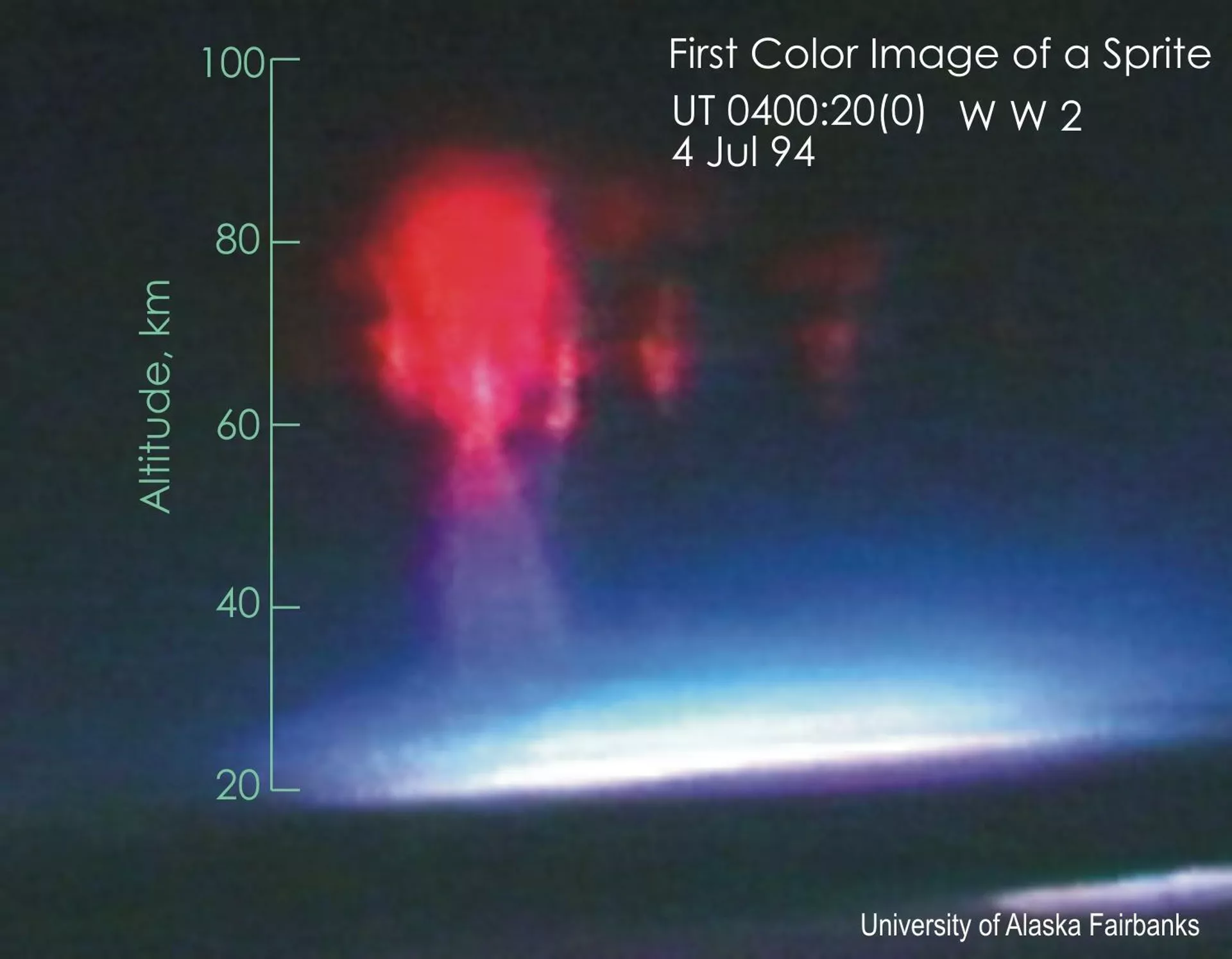 Первое цветное изображение спрайта, сделанное 4 июля 1994 года с борта самолета во время авиаисследования Sprites94. Красный и синий цвета соответствуют оптическому излучению первого и второго возбужденных электронных состояний молекул азота - РИА Новости, 1920, 09.02.2021