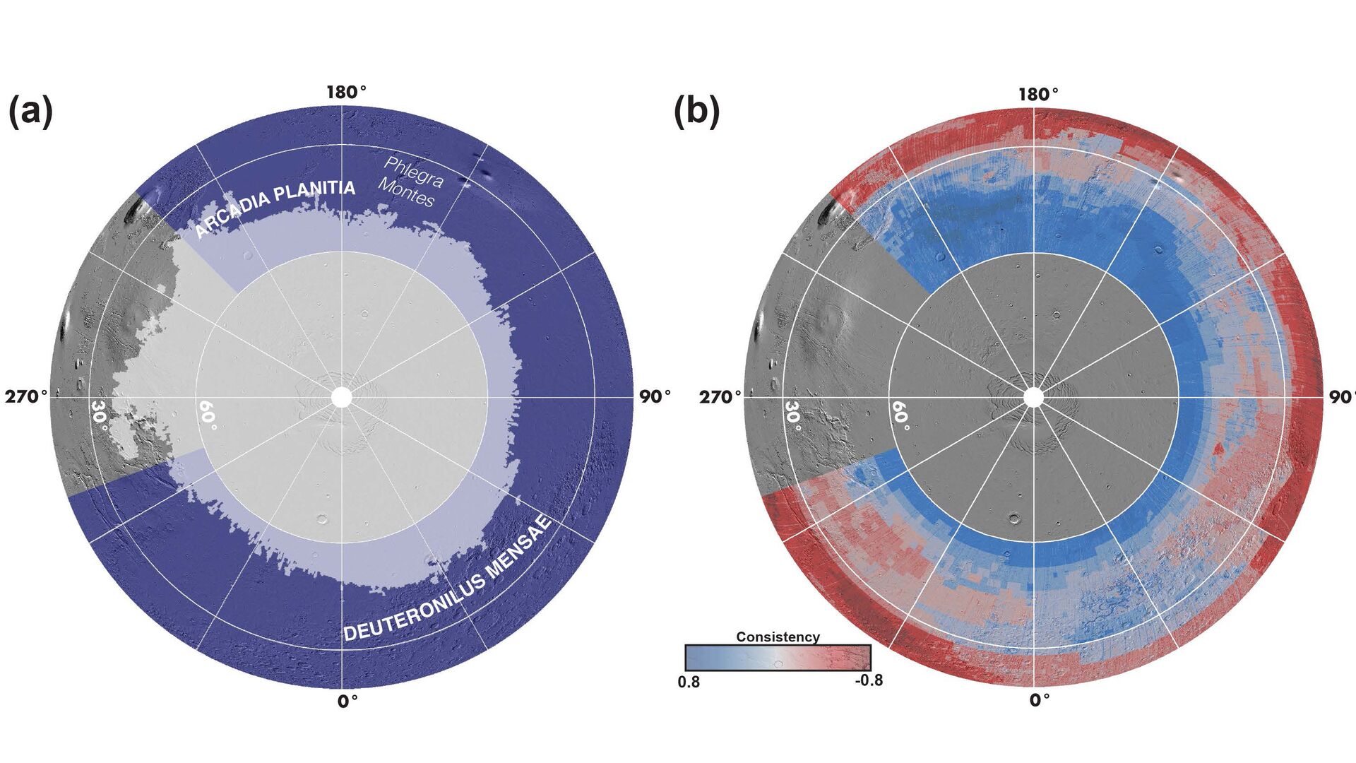 Maps of the Arctic Circle of Mars.  Left: gray - ice stability zone, purple - SWIM study areas.  Right: the degree of consistency of different methods that confirm the presence (blue) or absence (red) of buried ice - RIA Novosti, 1920, 02/09/2021