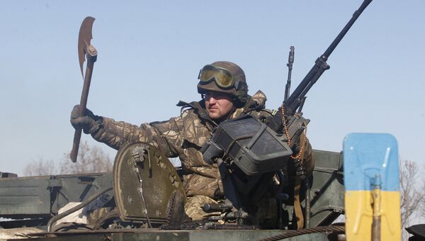 Украинский военный с секирой на бронемашине. Архивное фото Украинский военный с секирой на бронемашине. Архивное фото