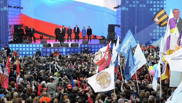 Президент России Владимир Путин выступает на митинге-концерте Мы вместе! Президент России Владимир Путин выступает на митинге-концерте Мы вместе!