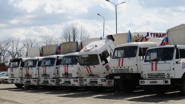 Грузовые автомобили МЧС с российской гуманитарной помощью для Донбасса. Архивное фото Грузовые автомобили МЧС с российской гуманитарной помощью для Донбасса. Архивное фото