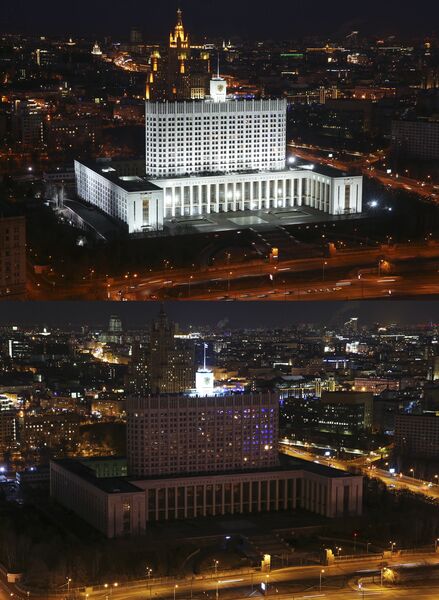 Дом Правительства до и после отключения подсветки в рамках экологической акции Час Земли в Москве Дом Правительства до и после отключения подсветки в рамках экологической акции Час Земли в Москве
