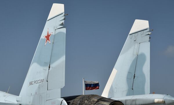Истребитель Воздушно-космических сил РФ СУ-30 СМ на авиабазе Хмеймим в сирийской провинции Латакия Истребитель Воздушно-космических сил РФ СУ-30 СМ на авиабазе Хмеймим в сирийской провинции Латакия