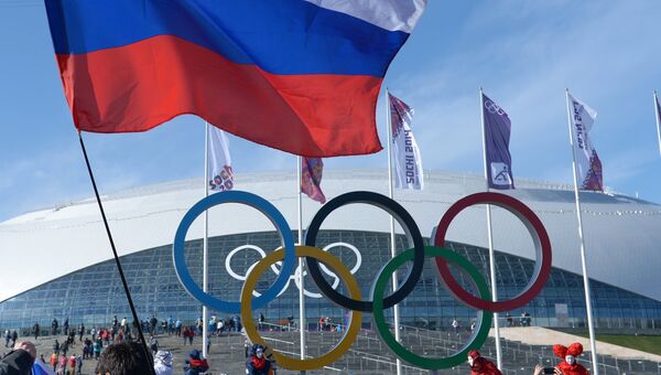 Болельщики с российским флагом в Олимпийском парке Сочи Болельщики с российским флагом в Олимпийском парке Сочи