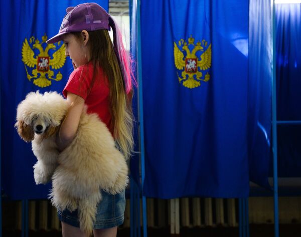 Девочка с собакой в единый день голосования на избирательном участке в Новосибирске Девочка с собакой в единый день голосования на избирательном участке в Новосибирске