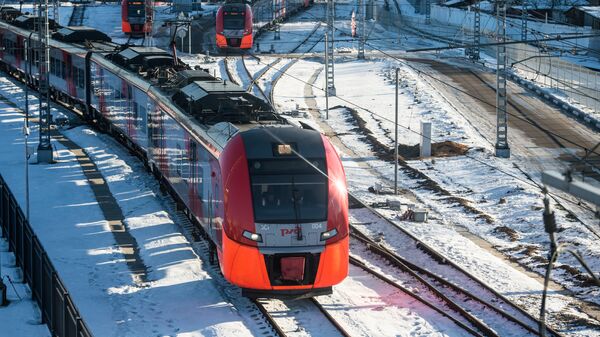 Модернизированные электропоезда Ласточка в депо Подмосковная для Московского центрального кольца. Архивное фото Модернизированные электропоезда Ласточка в депо Подмосковная для Московского центрального кольца. Архивное фото