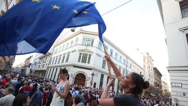 Протесты на улицах Будапешта в поддержку Центрально-Европейского университета, принадлежащего фонду Джорджа Сороса, в Будапеште. Март 2017 года Протесты на улицах Будапешта в поддержку Центрально-Европейского университета, принадлежащего фонду Джорджа Сороса, в Будапеште. Март 2017 года
