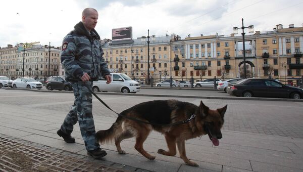 Сотрудник правоохранительных органов с собакой на улице в Санкт-Петербурге. Архивное фото Сотрудник правоохранительных органов с собакой на улице в Санкт-Петербурге. Архивное фото