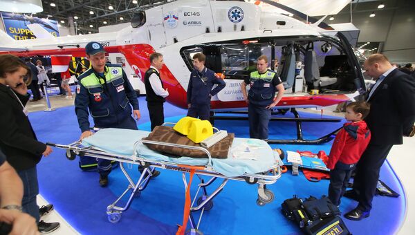 Многоцелевой вертолёт Департамента здравоохранения Москвы Eurocopter EC 145 на X международной выставке вертолетной индустрии HeliRussia в Международном выставочном центре Крокус Экспо в Москве Многоцелевой вертолёт Департамента здравоохранения Москвы Eurocopter EC 145 на X международной выставке вертолетной индустрии HeliRussia в Международном выставочном центре Крокус Экспо в Москве