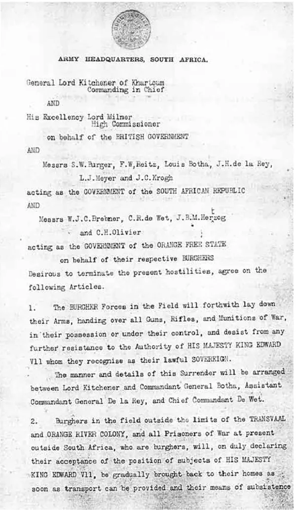 Фрагмент первой страницы Феринихингского мирного договора, подписанного в 1902 году под Преторией 