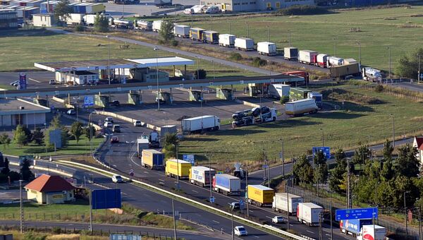 Грузовики на пограничном контроле в Австрии Грузовики на пограничном контроле в Австрии