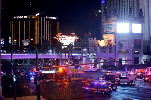 Сотрудники полиции на месте стрельбы у казино Mandalay Bay в Лас-Вегасе, США. 2 октября 2017 Сотрудники полиции на месте стрельбы у казино Mandalay Bay в Лас-Вегасе, США. 2 октября 2017