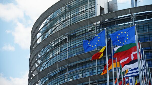 Флаги ЕС у здания Европейского парламента в Страсбурге. Архивное фото Флаги ЕС у здания Европейского парламента в Страсбурге. Архивное фото