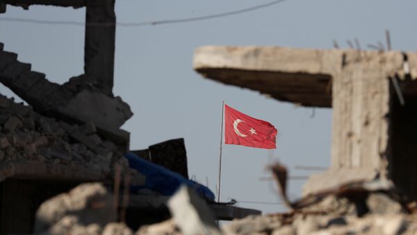 Турецкий флаг развивается на границе Турции и Сирии среди здание, разрушенных в результате борьбы с ИГ*. 11 октября 2017 Турецкий флаг развивается на границе Турции и Сирии среди здание, разрушенных в результате борьбы с ИГ*. 11 октября 2017