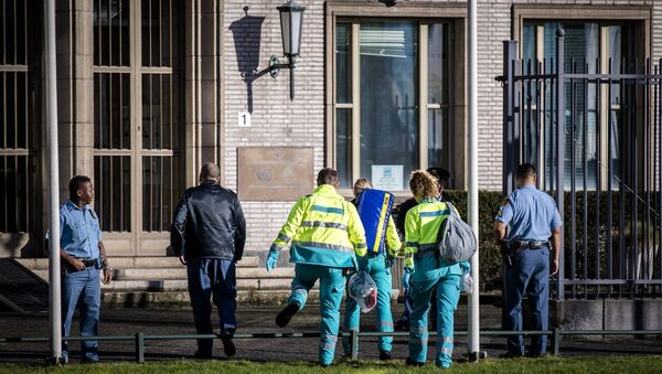 Сотрудники службы экстренной помощи у здания Гаагского трибунала во время заседания по делу генерала боснийских хорватов Слободана Праляка. 29 ноября 2017 Сотрудники службы экстренной помощи у здания Гаагского трибунала во время заседания по делу генерала боснийских хорватов Слободана Праляка. 29 ноября 2017