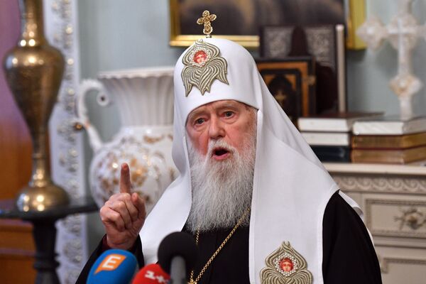 Глава Украинской православной церкви Киевского патриархата патриарх Филарет на пресс-конференции в Киеве Глава Украинской православной церкви Киевского патриархата патриарх Филарет на пресс-конференции в Киеве