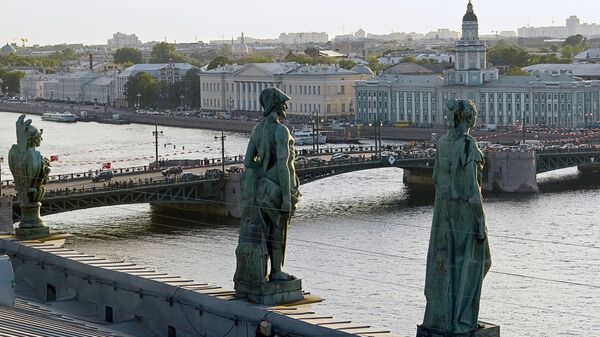 Скульпуры на крыше Эрмитажа. Вид на Дворцовый мост Скульпуры на крыше Эрмитажа. Вид на Дворцовый мост