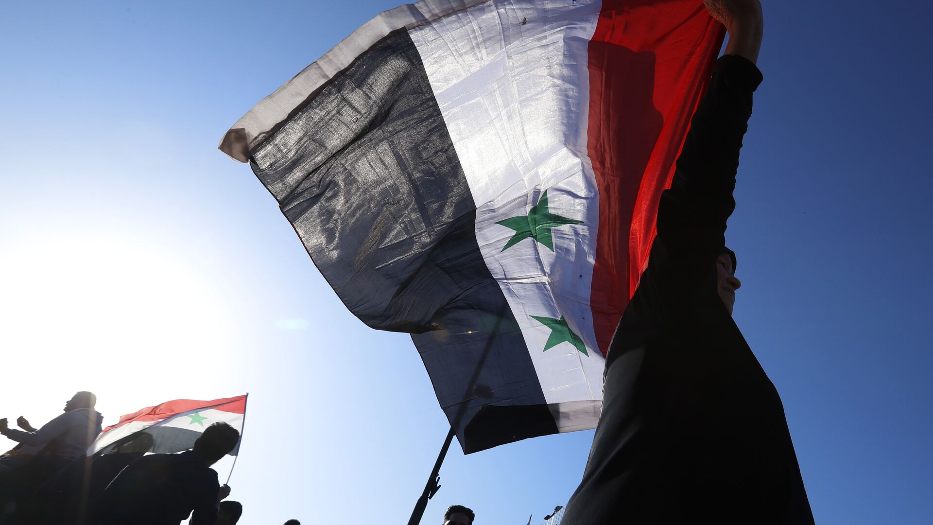 Сирийцы во время демонстрации против воздушных ударов коалиции под командованием США в Дамаске. 14 апреля 2018 - РИА Новости, 1920, 01.06.2021