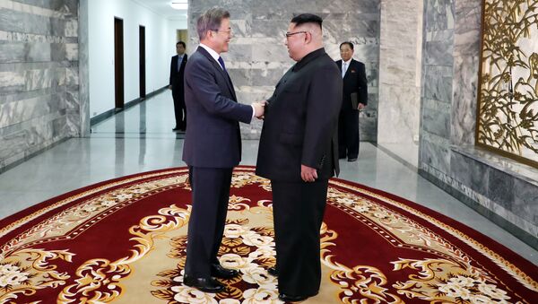 Президент Южной Кореи Мун Чжэ Ин и лидер КНДР Ким Чен Ын во время встречи. Архивное фото Президент Южной Кореи Мун Чжэ Ин и лидер КНДР Ким Чен Ын во время встречи. Архивное фото