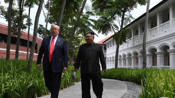 Президент США Дональд Трамп и лидер КНДР Ким Чен Ын во время прогулки у отеля Капелла в Сингапуре. 12 июня 2018 Президент США Дональд Трамп и лидер КНДР Ким Чен Ын во время прогулки у отеля Капелла в Сингапуре. 12 июня 2018