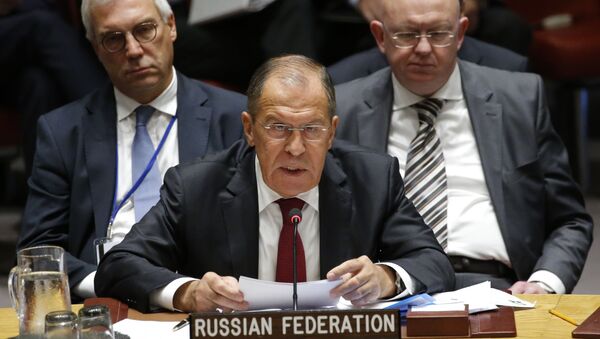 Министр иностранных дел России Сергей Лавров на заседании Совета Безопасности Организации Объединенных Наций, состоявшемся в ходе 73-й сессии Генеральной Ассамблеи ООН в штаб-квартире в Нью-Йорке, США. 26 сентября 2018 Министр иностранных дел России Сергей Лавров на заседании Совета Безопасности Организации Объединенных Наций, состоявшемся в ходе 73-й сессии Генеральной Ассамблеи ООН в штаб-квартире в Нью-Йорке, США. 26 сентября 2018