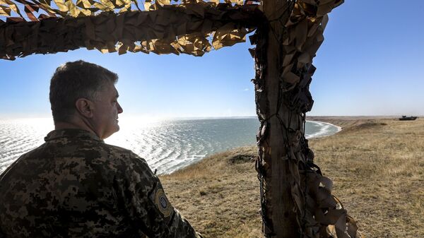 Президент Украины Петр Порошенко во время учений Вооруженных сил Украины на побережье Азовского моря. 12 октября 2018 Президент Украины Петр Порошенко во время учений Вооруженных сил Украины на побережье Азовского моря. 12 октября 2018