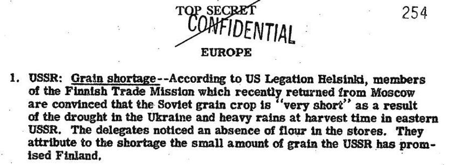 Фрагмент обзора донесений разведки США от 14 декабря 1946 года, в котором сообщается о нехватке зерна в СССР Фрагмент обзора донесений разведки США от 14 декабря 1946 года, в котором сообщается о нехватке зерна в СССР