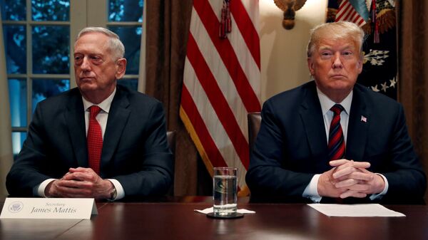 Президент США Дональд Трамп и министр обороны Джеймс Мэттис в Кабинете министров в Белом доме в Вашингтоне, США. 23 октября 2018 года Президент США Дональд Трамп и министр обороны Джеймс Мэттис в Кабинете министров в Белом доме в Вашингтоне, США. 23 октября 2018 года