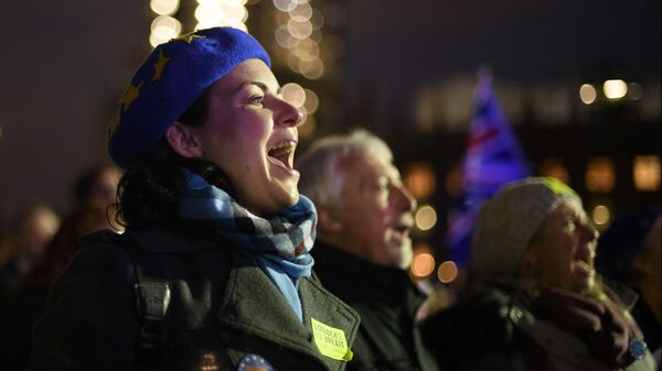 Участники акции против Brexit у здания парламента Великобритании в Лондоне. 15 января 2019 Участники акции против Brexit у здания парламента Великобритании в Лондоне. 15 января 2019