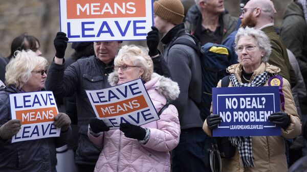 Участники акции против Brexit у здания парламента Великобритании в Лондоне. 15 января 2019 Участники акции против Brexit у здания парламента Великобритании в Лондоне. 15 января 2019