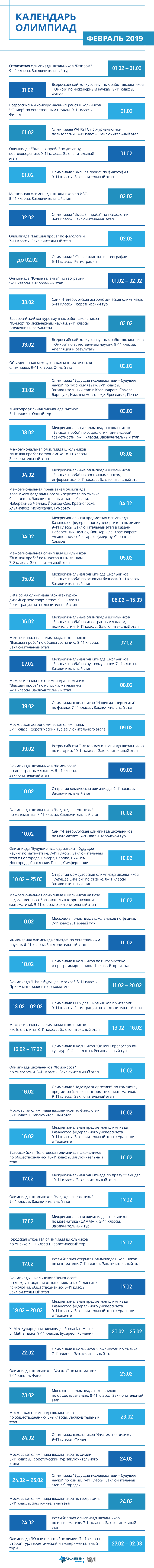 Календарь олимпиад. Февраль 2019 Календарь олимпиад. Февраль 2019