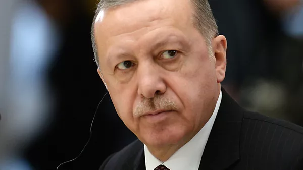 Президент Турецкой Республики Реджеп Тайип Эрдоган во время четвёртой трёхсторонней встречи президентов России, Ирана и Турции. 14 февраля 2019