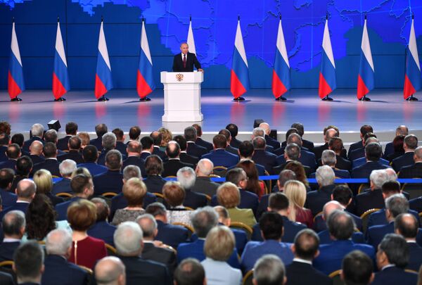 Президент РФ Владимир Путин выступает с ежегодным посланием Федеральному Собранию. 20 февраля 2019 Президент РФ Владимир Путин выступает с ежегодным посланием Федеральному Собранию. 20 февраля 2019