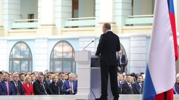 Президент РФ Владимир Путин выступает с ежегодным посланием Федеральному Собранию. 20 февраля 2019 Президент РФ Владимир Путин выступает с ежегодным посланием Федеральному Собранию. 20 февраля 2019