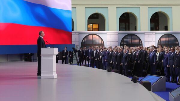 Президент РФ Владимир Путин выступает с ежегодным посланием Федеральному Собранию. 20 февраля 2019 Президент РФ Владимир Путин выступает с ежегодным посланием Федеральному Собранию. 20 февраля 2019