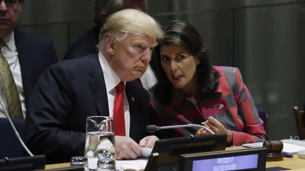 Президент США Дональд Трамп и постпред США при ООН Никки Хейли во время Генассамблеи ООН в Нью-Йорке. 24 сентября 2018 Президент США Дональд Трамп и постпред США при ООН Никки Хейли во время Генассамблеи ООН в Нью-Йорке. 24 сентября 2018