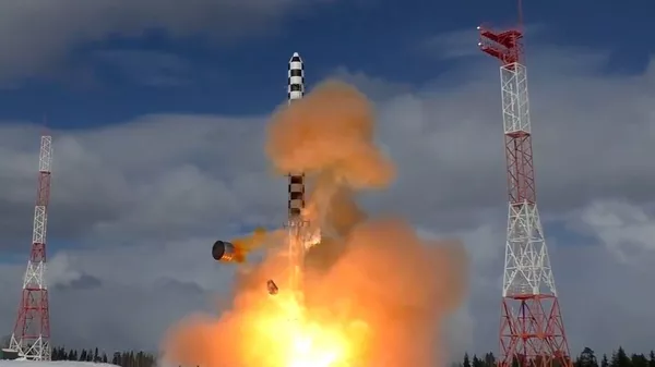 Запуск тяжелой межконтинентальной баллистической ракеты Сармат с космодрома Плесецк в Архангельской области