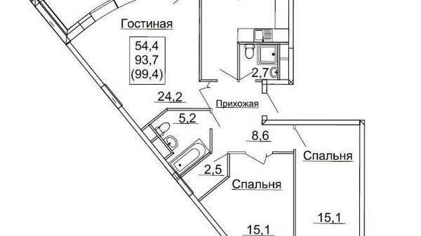 Квартира с треугольной гостиной, потенциально объединяемая с кухней Квартира с треугольной гостиной, потенциально объединяемая с кухней