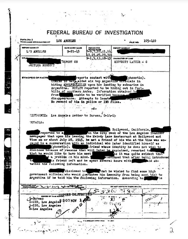 Рассекреченные документы ФБР о расследовании версии бегства Адольфа Гитлера в Аргентину