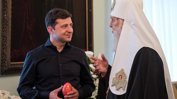 Избранный президент Украины Владимир Зеленский во время встречи с Патриархом Филаретом в Киеве Избранный президент Украины Владимир Зеленский во время встречи с Патриархом Филаретом в Киеве