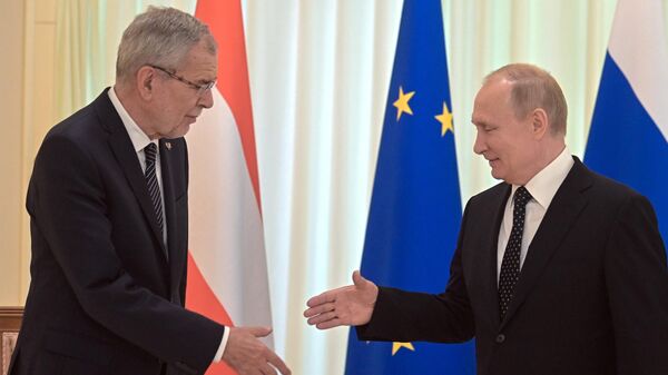 Владимир Путин и федеральный президент Австрийской Республики Александр Ван дер Беллен во время встречи. 15 мая 2019 Владимир Путин и федеральный президент Австрийской Республики Александр Ван дер Беллен во время встречи. 15 мая 2019