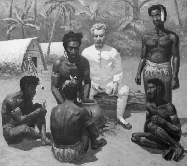  Репродукция  картины Миклухо-Маклай среди  папуасов работы художника  Л.

Успенского 