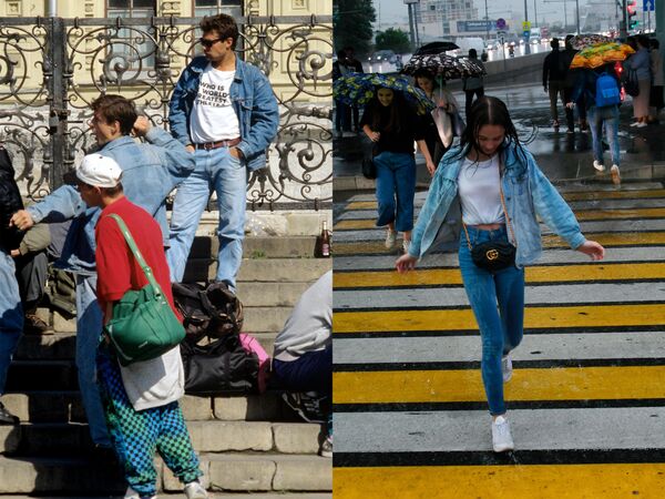 Люди на Лобном месте на Красной площади. 1995 год / Девушка в Москве во время дождя. 2019 год Люди на Лобном месте на Красной площади. 1995 год / Девушка в Москве во время дождя. 2019 год